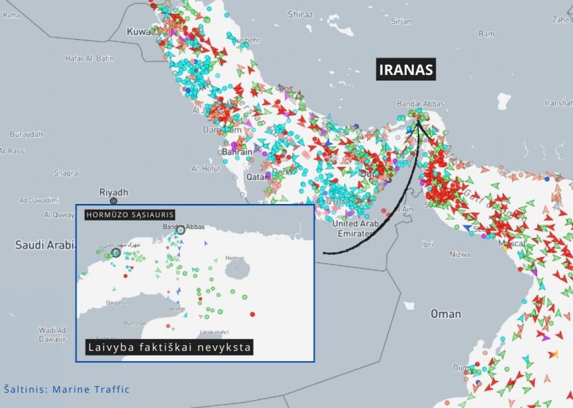 Marin Traffic duomenys kovo 1 d. pavakare rodė, kad laivyba Hormūzo sąsiauriu vis dar nevyksta.